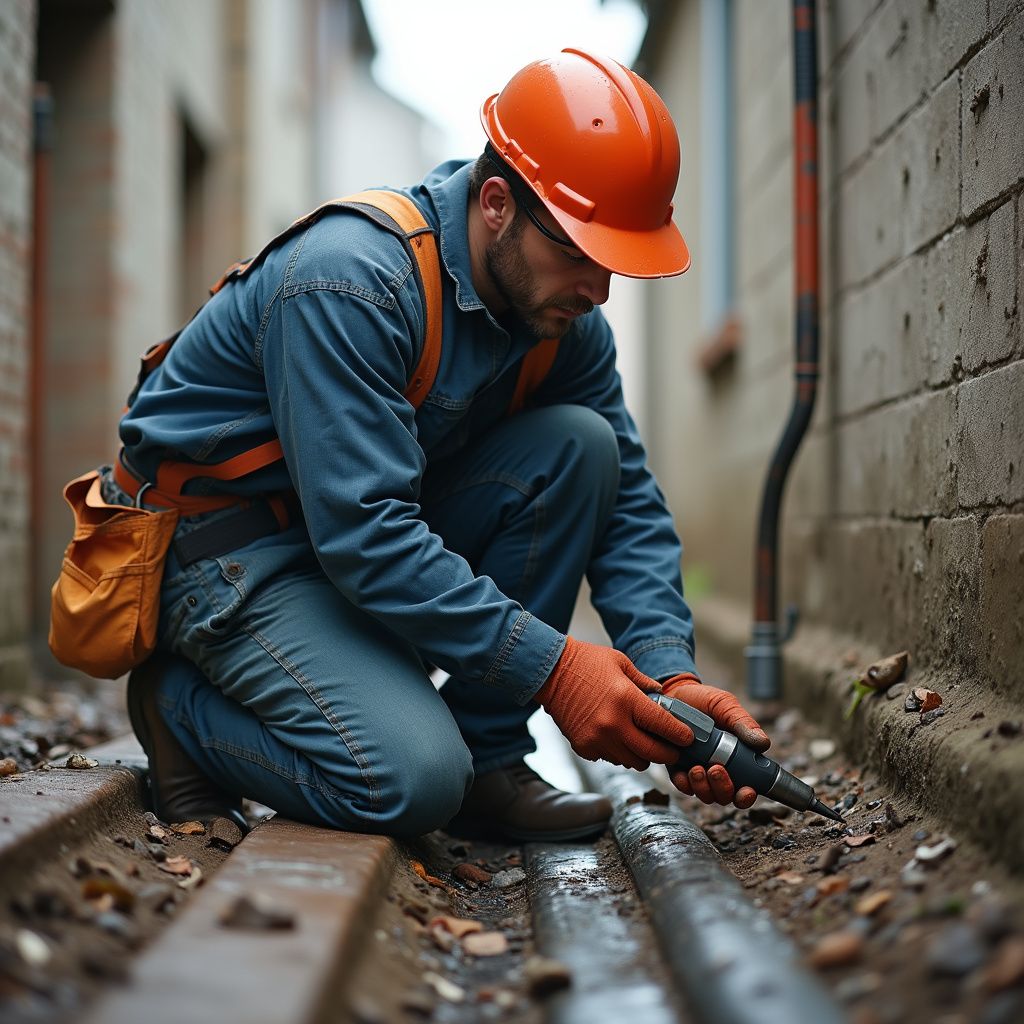 Construction worker in orange hard hat, kneeled, using a drill on pipes in a narrow alley.