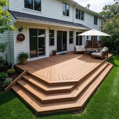 Wooden deck with steps leading to a yard, featuring outdoor furniture and a patio umbrella.