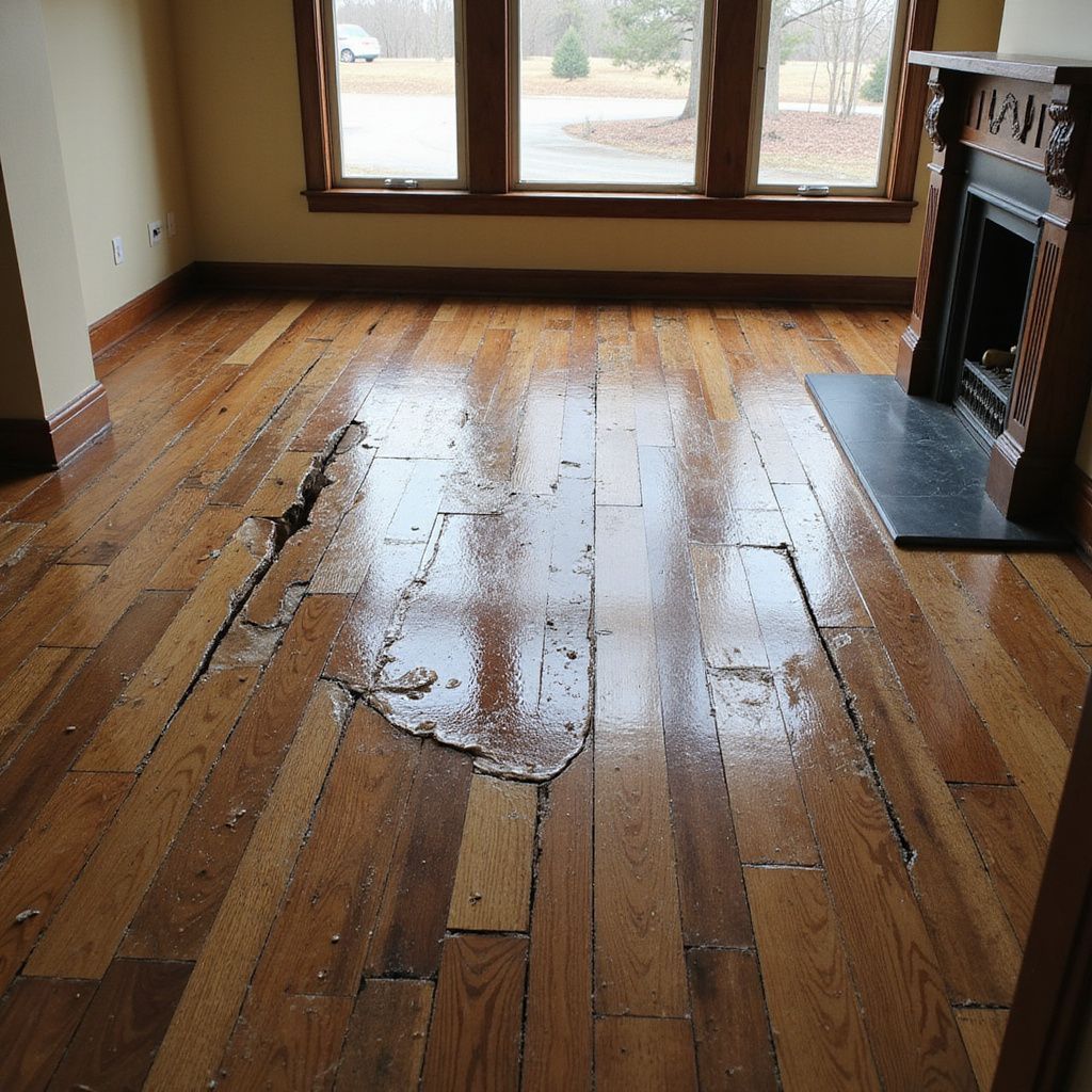 Damaged hardwood floor with large cracks and missing planks in a room with windows and fireplace.