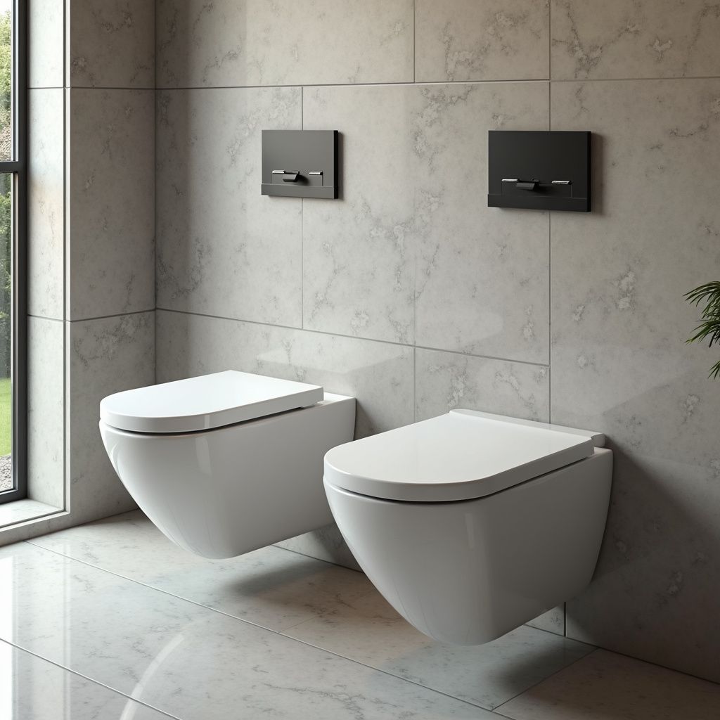 Two white, wall-mounted toilets in a modern bathroom with grey tiled walls, black flush plates.