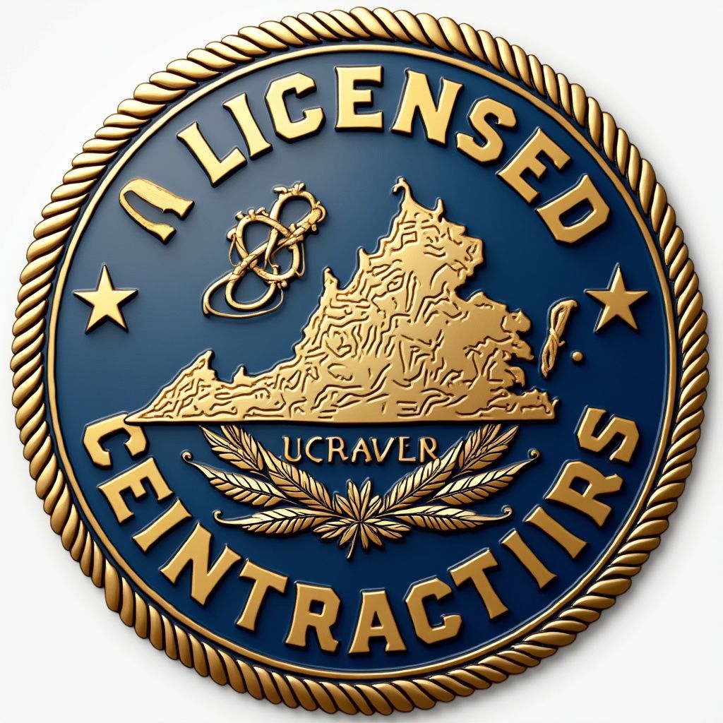 Gold and blue medallion with Virginia outline. Text: “Licensed Contractors”. Rope border, stars, and decorative elements.
