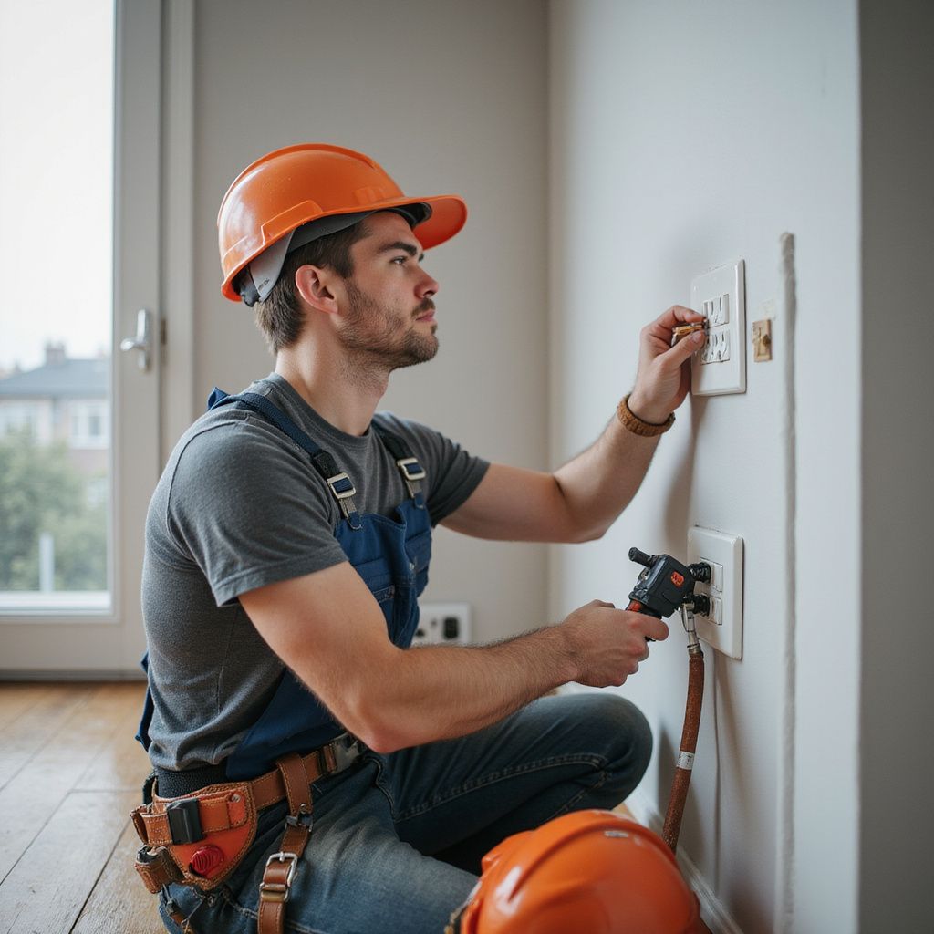 Electrician installing an outlet, wearing an orange hard hat and overalls, indoor setting.