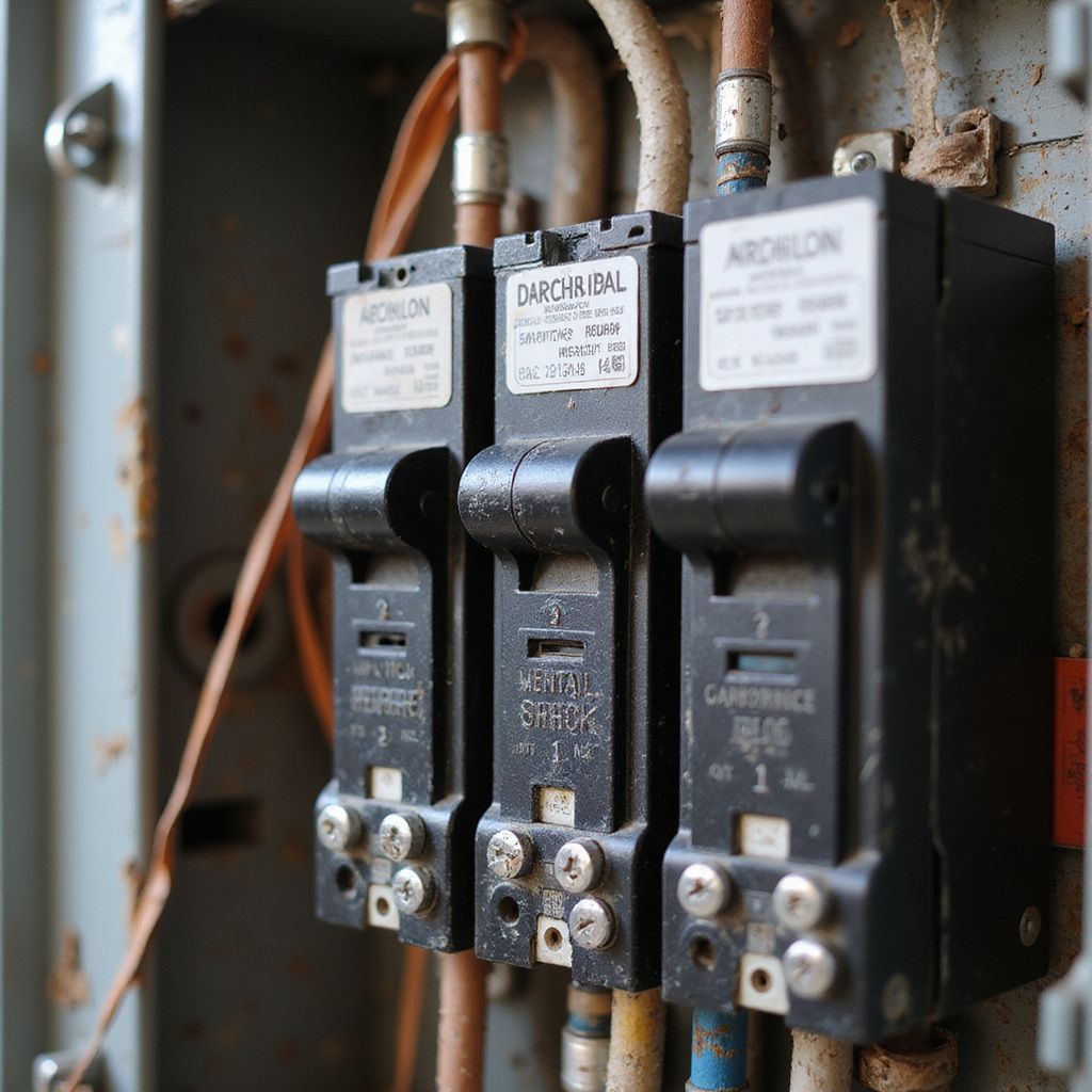 Three black circuit breakers in a gray electrical panel, with wires.