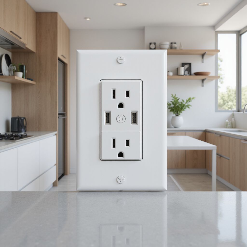 White electrical outlet with USB ports on kitchen countertop.