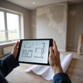Person holding a tablet with architectural plans in a room under renovation.