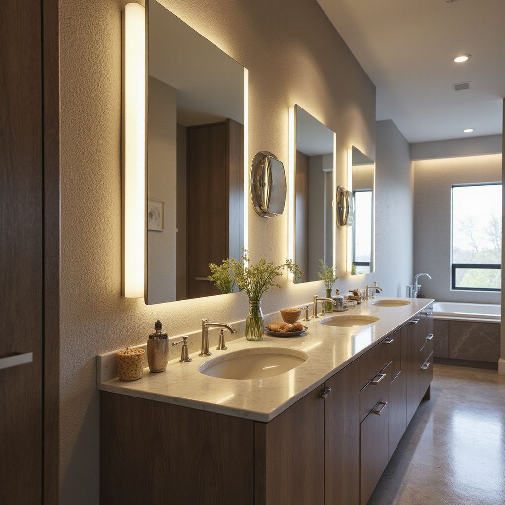 Modern bathroom with three sinks, large mirrors with backlights, and wooden cabinets.