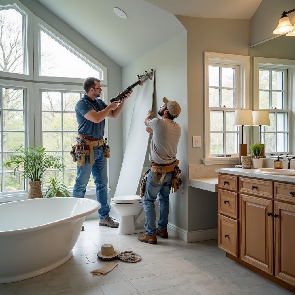 Two people installing wall paneling in a bathroom with a tub, toilet, and vanity.
