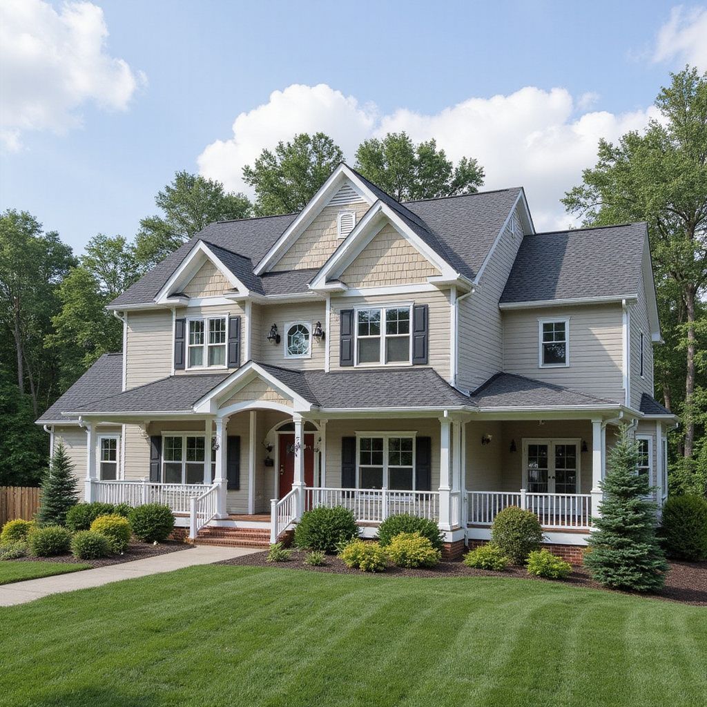 Two-story beige house with a wraparound porch, black shutters, and a well-manicured lawn on a sunny day.