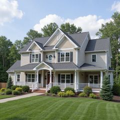 Two-story beige house with a wraparound porch, black shutters, and a well-manicured lawn on a sunny day.