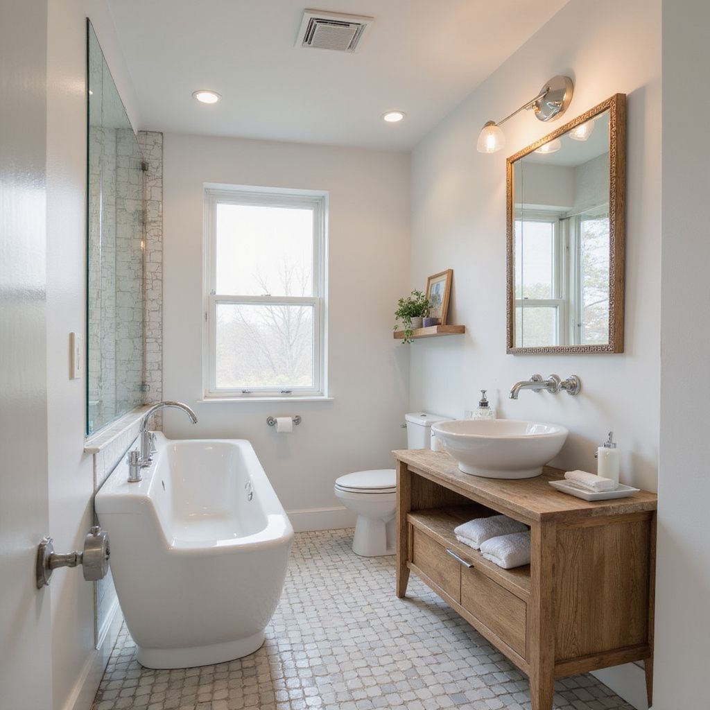 A bright white bathroom with a freestanding tub, wood vanity, and a window.