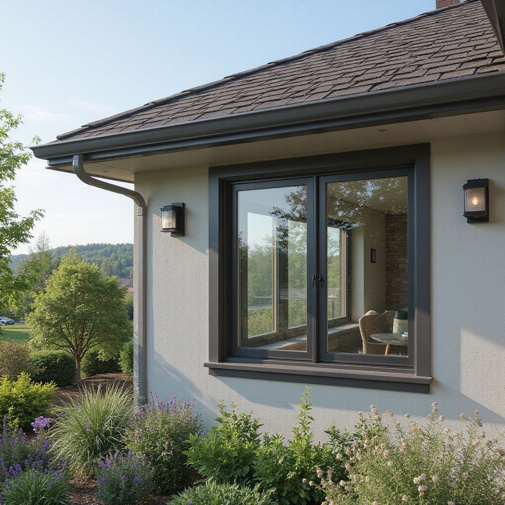 Exterior of house with dark-framed window, gray trim, and landscaping under a sunny sky.