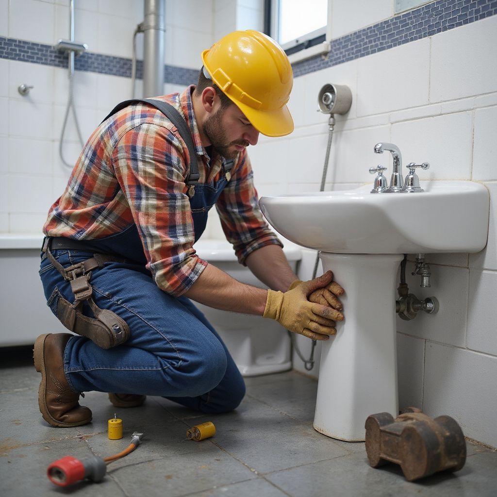 Plumber in overalls, hard hat, and gloves working on a bathroom sink in a bathroom.