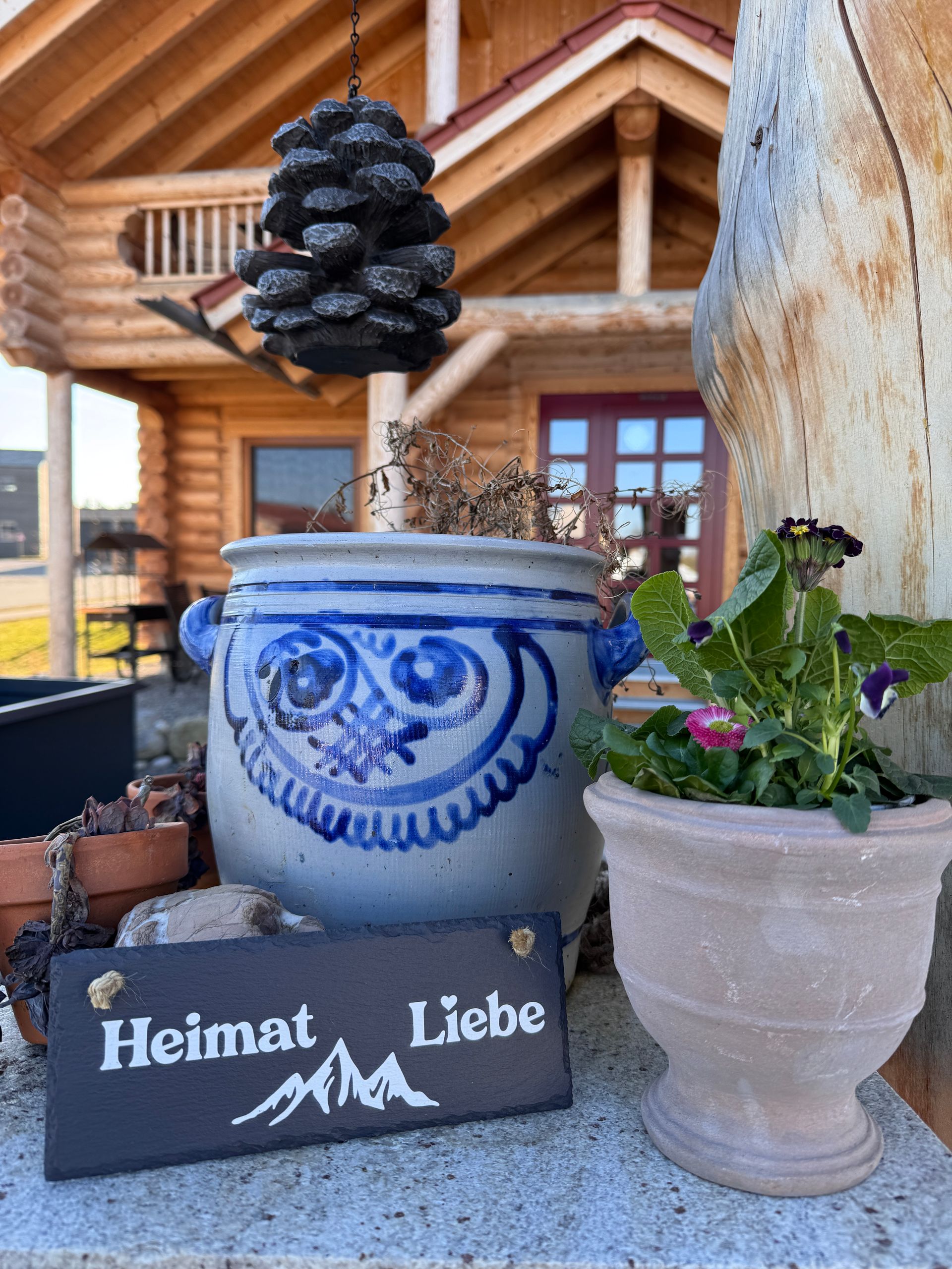 Eine Topfpflanze und ein Schild vor einer Blockhütte.