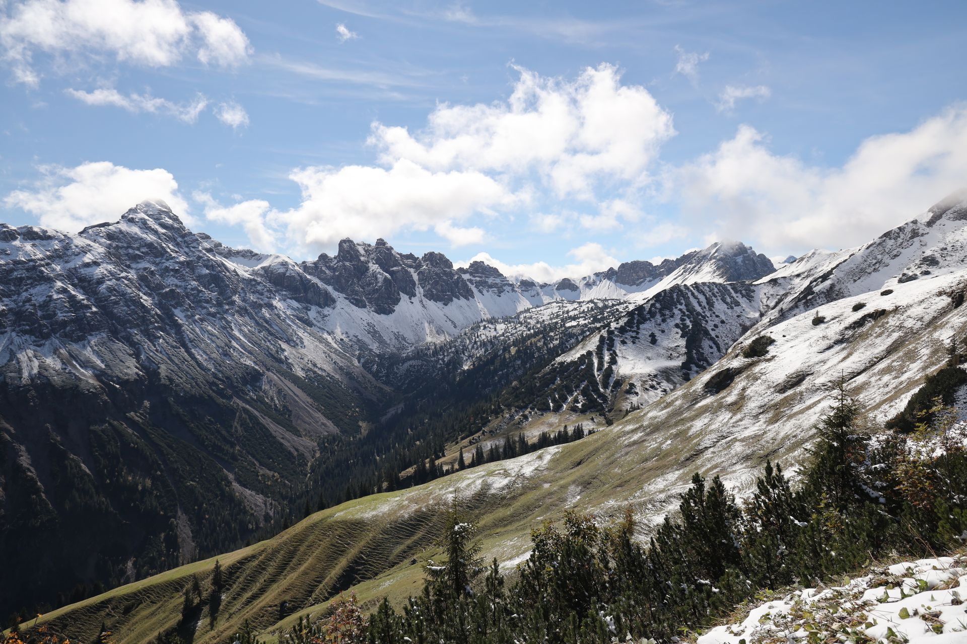 Ein Blick auf eine schneebedeckte Bergkette mit Bäumen im Vordergrund