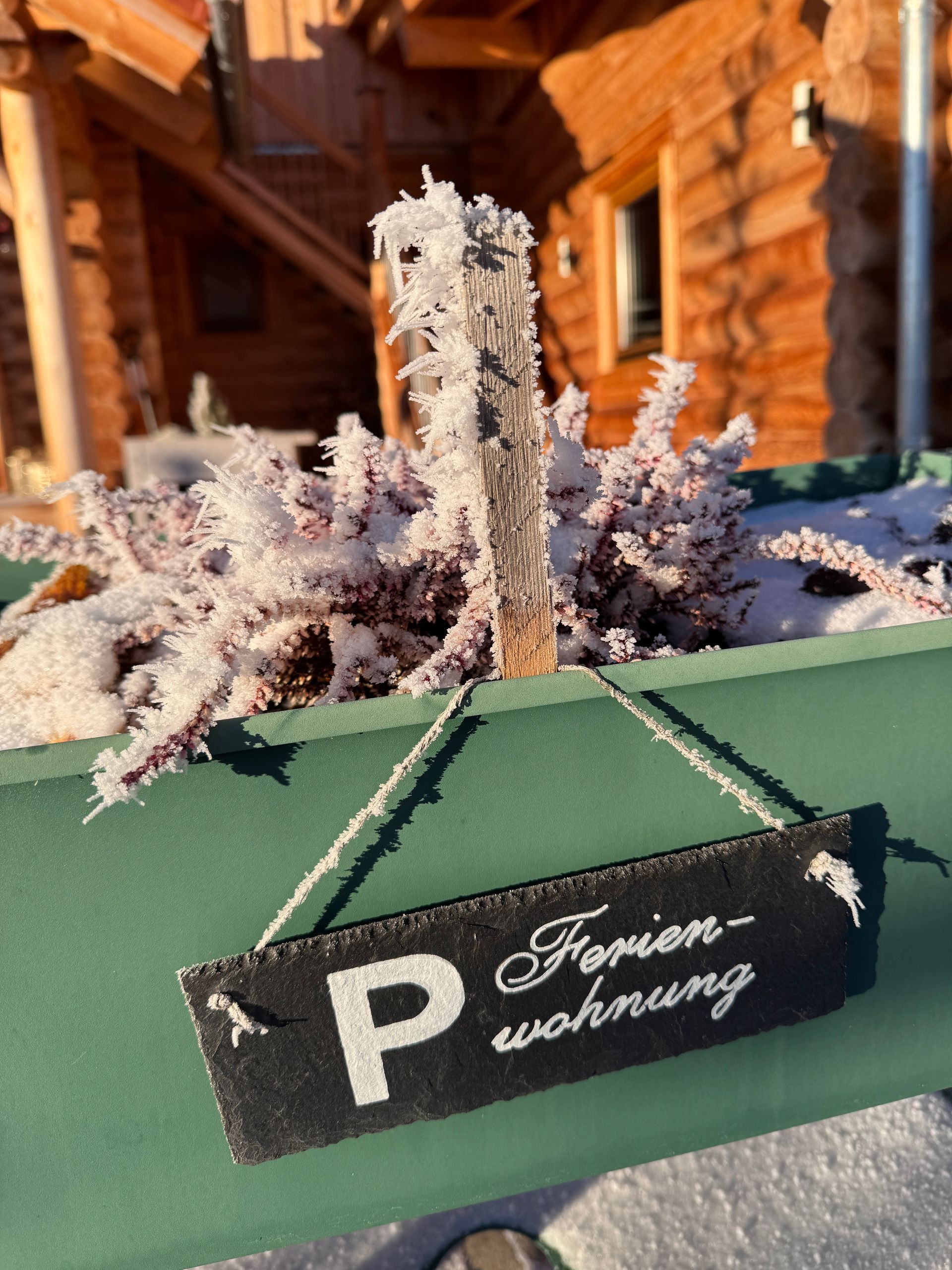 Grüner Pflanzkasten mit frostigen Pflanzen und dem Schild „Ferienwohnung“ vor einer Blockhütte.
