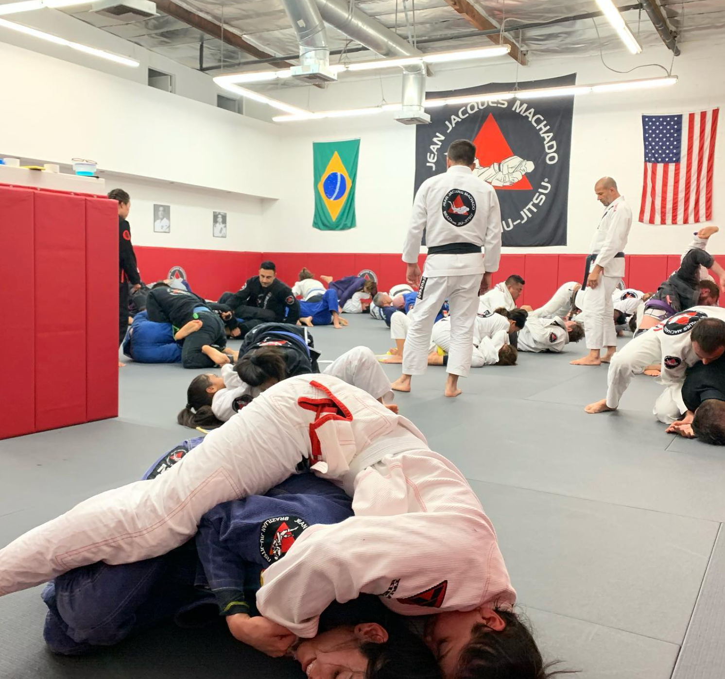Adult students practicing Brazilian Jiu-Jitsu drills at Jean Jacques Machado Fresno in Fresno, CA.