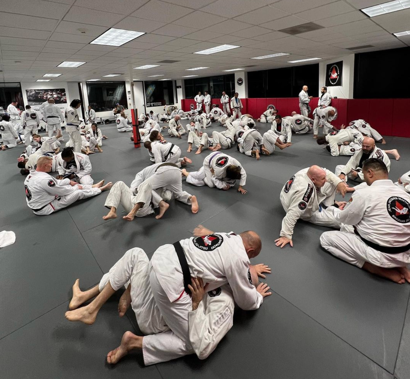 Adults practicing Brazilian Jiu-Jitsu drills at Jean Jacques Machado Fresno in Fresno, CA.