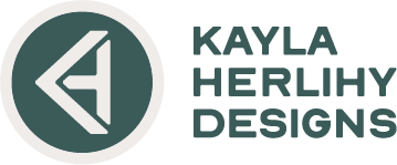 Logo for Kayla Herlihy Designs: a circle with an abstract letter 