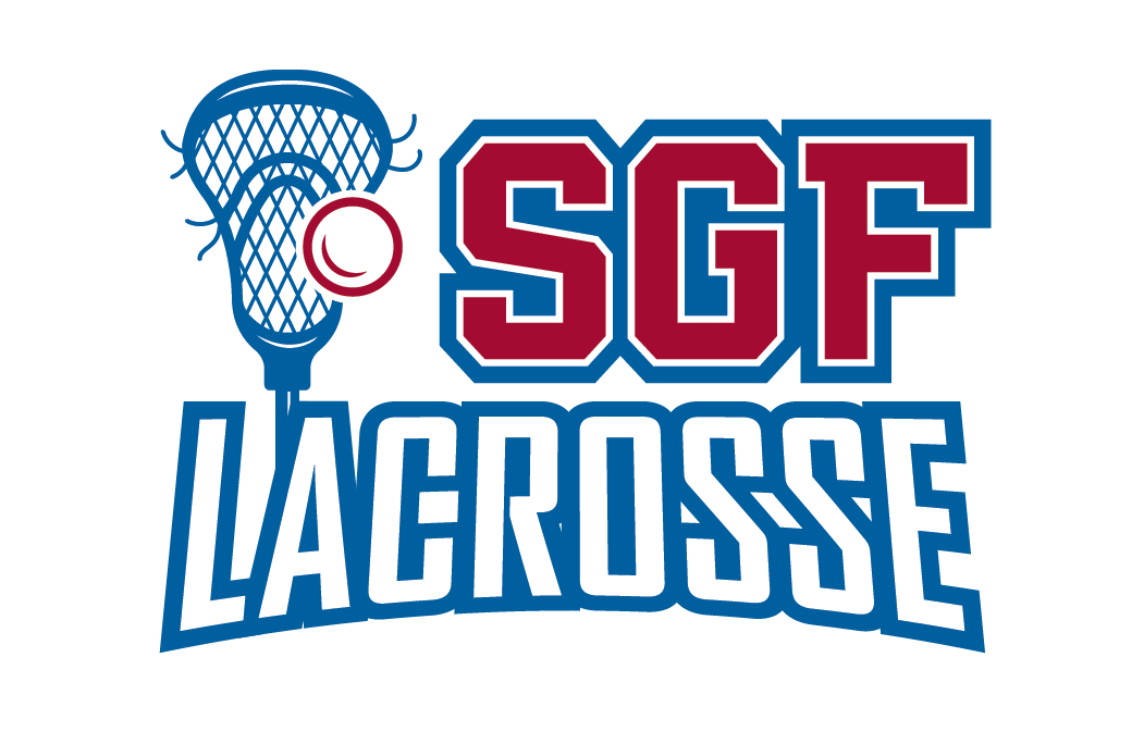 SGF Lacrosse logo with lacrosse stick, ball, and red and blue text.