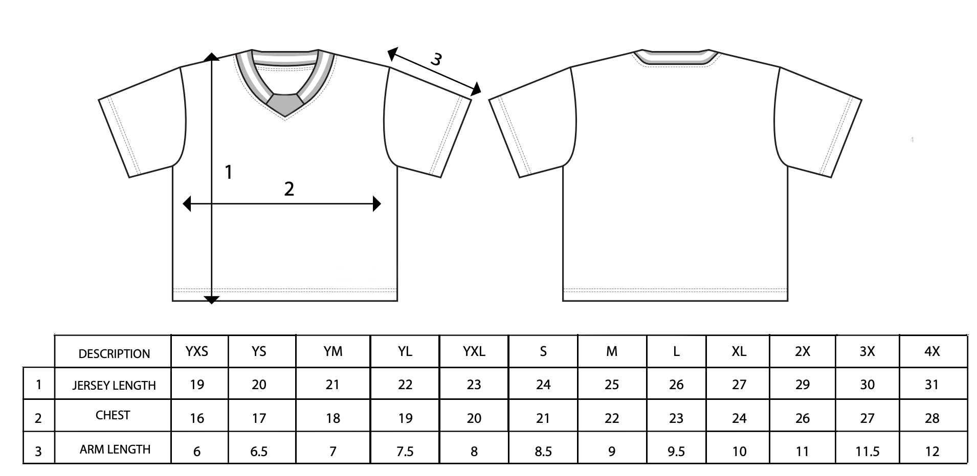 Diagram of a V-neck t-shirt with measurements labeled, accompanied by a sizing chart.