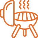 Orange illustration of a charcoal grill, lid open, smoke rising.