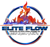Logo with a stylized flame graphic over the words "ELITE FLOW ENERGY" inside a blue and red circle.