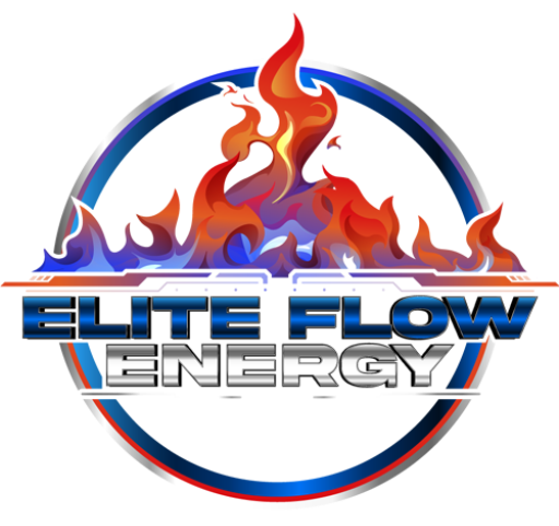 Logo with a stylized flame graphic over the words "ELITE FLOW ENERGY" inside a blue and red circle.