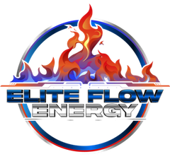 Logo with a stylized flame graphic over the words "ELITE FLOW ENERGY" inside a blue and red circle.
