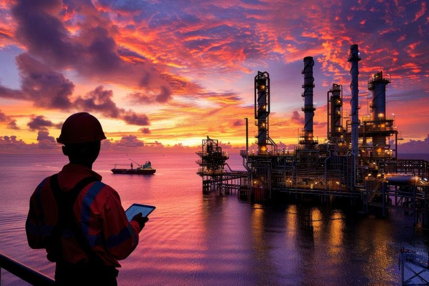 Oil rig worker overlooking offshore platform at sunset; orange sky, ocean, ship, and industrial structures.