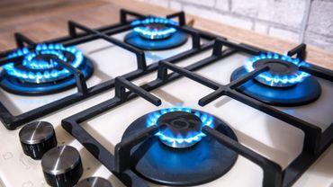 Gas stovetop with four burners lit with blue flames.