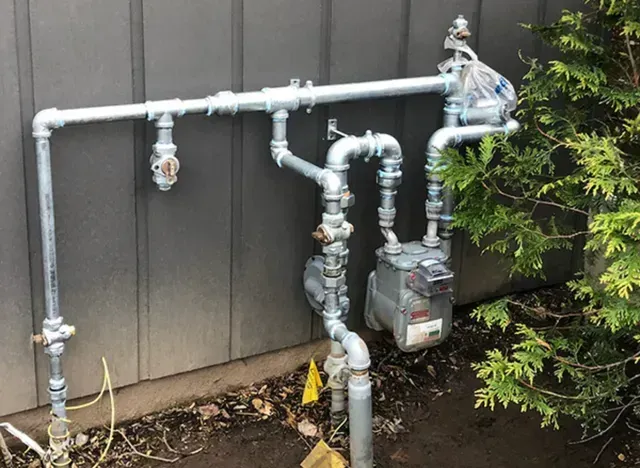 Exterior gas meter and piping on a gray house, with shrubbery to the right.