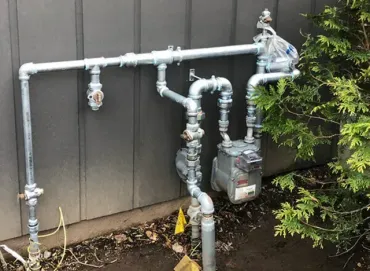Exterior gas meter and piping on a gray house, with shrubbery to the right.