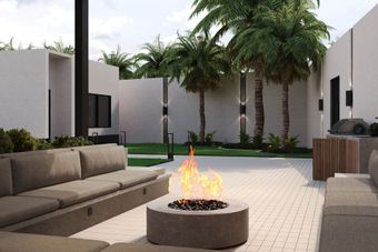 Outdoor patio with a fire pit, seating, palm trees, and modern architecture.