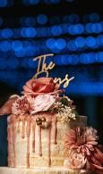 Elegant tiered cake with pink roses and gold topper against blue bokeh lights