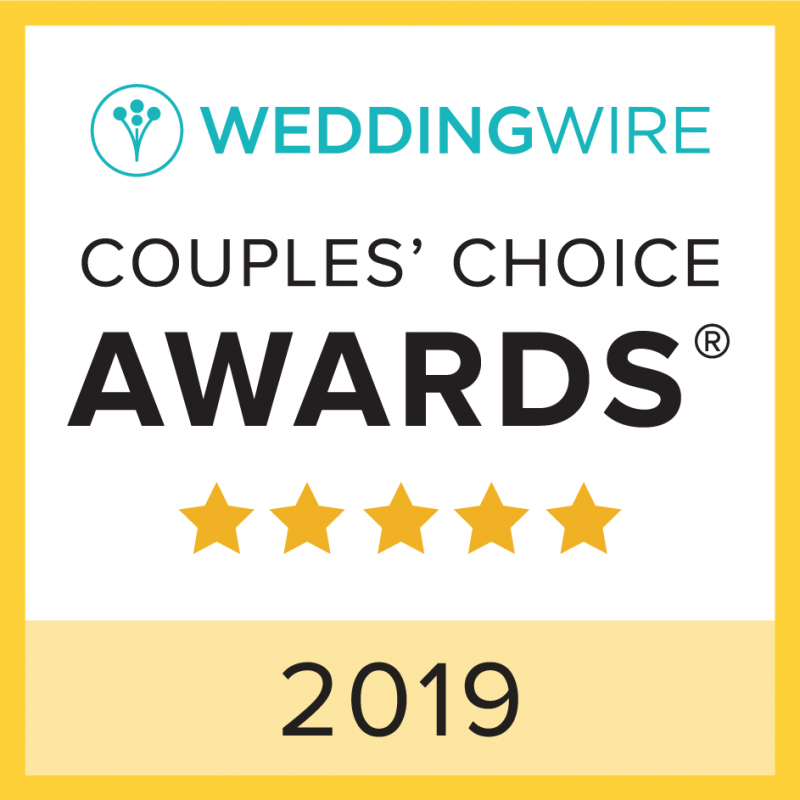 WeddingWire Couples’ Choice Awards badge, 2019, with five gold stars on a white background