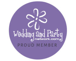 Purple Wedding And Party Network logo with flower icon and “Proud Member” text