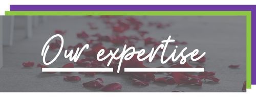 Banner reading “Our expertise” over a gray background with a green border and pink leaves.