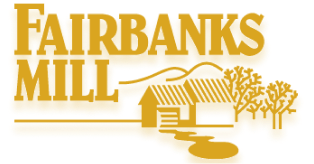 Fairbanks Mill logo with golden text and mill illustration, featuring a stream and trees.