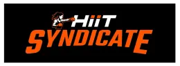 Logo for Hiit Syndicate with a woman boxing in the upper left. Orange text on a black background.