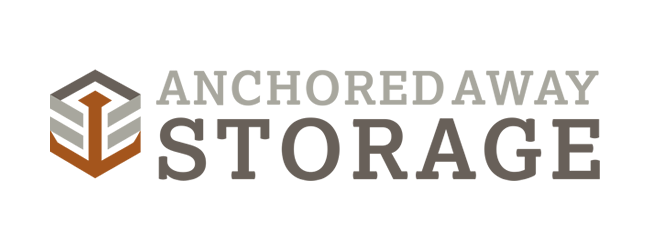 Logo for Anchored Away Storage. It features a geometric container with an upward arrow and the company name.