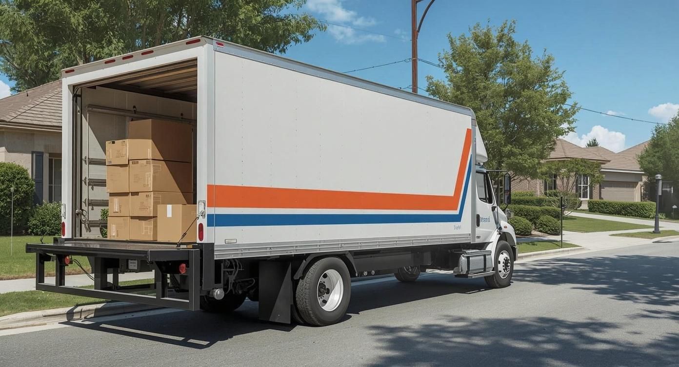 Moving truck unloading boxes in a residential neighborhood in Troutman, NC