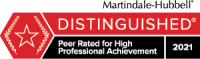 Martindale-Hubbell Distinguished peer rating for high professional achievement, red and black logo, 2021.