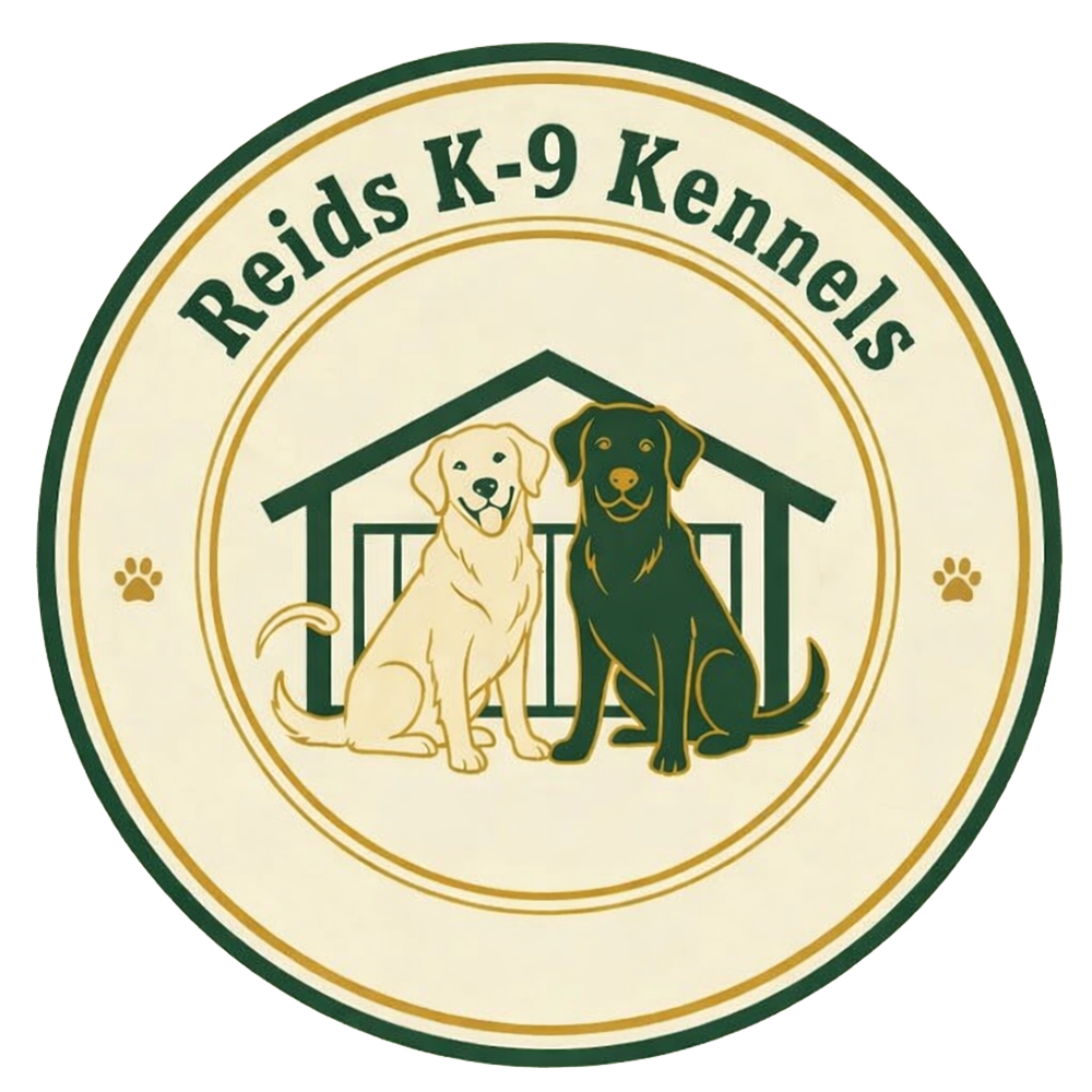 Logo for Reids Canine Kennels: Two dogs, tan and black, sit in front of a green dog house within a circle.