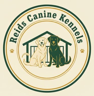 Logo for Reids Canine Kennels: Two dogs, tan and black, sit in front of a green dog house within a circle.