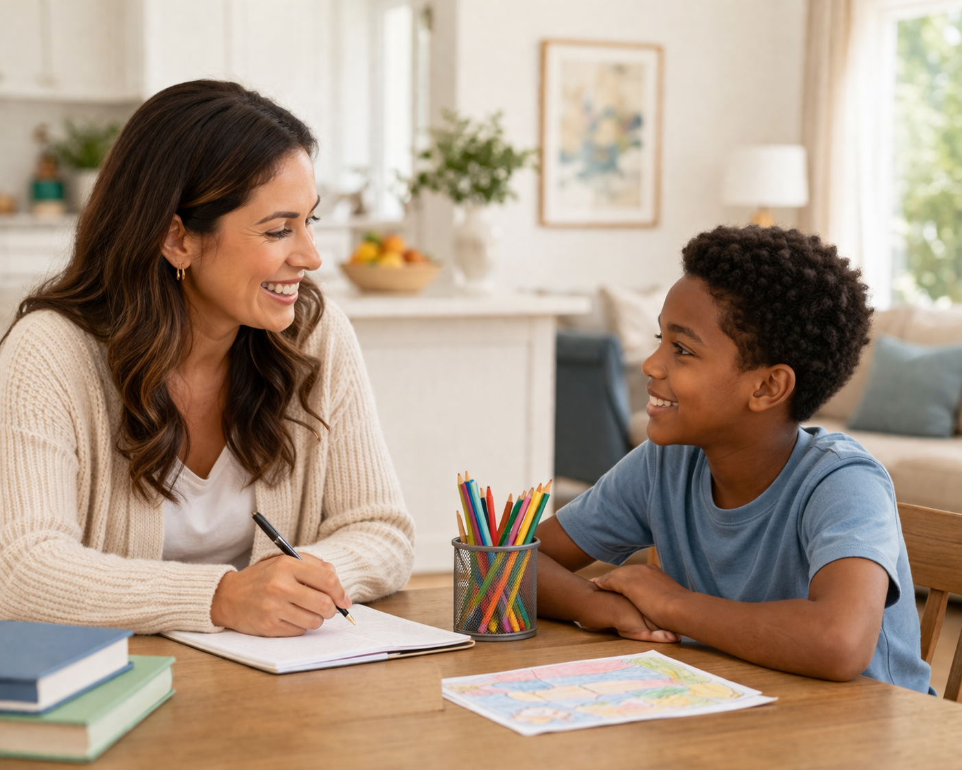 Group of women smiling in a circle, inside a room with a window and bookshelf.