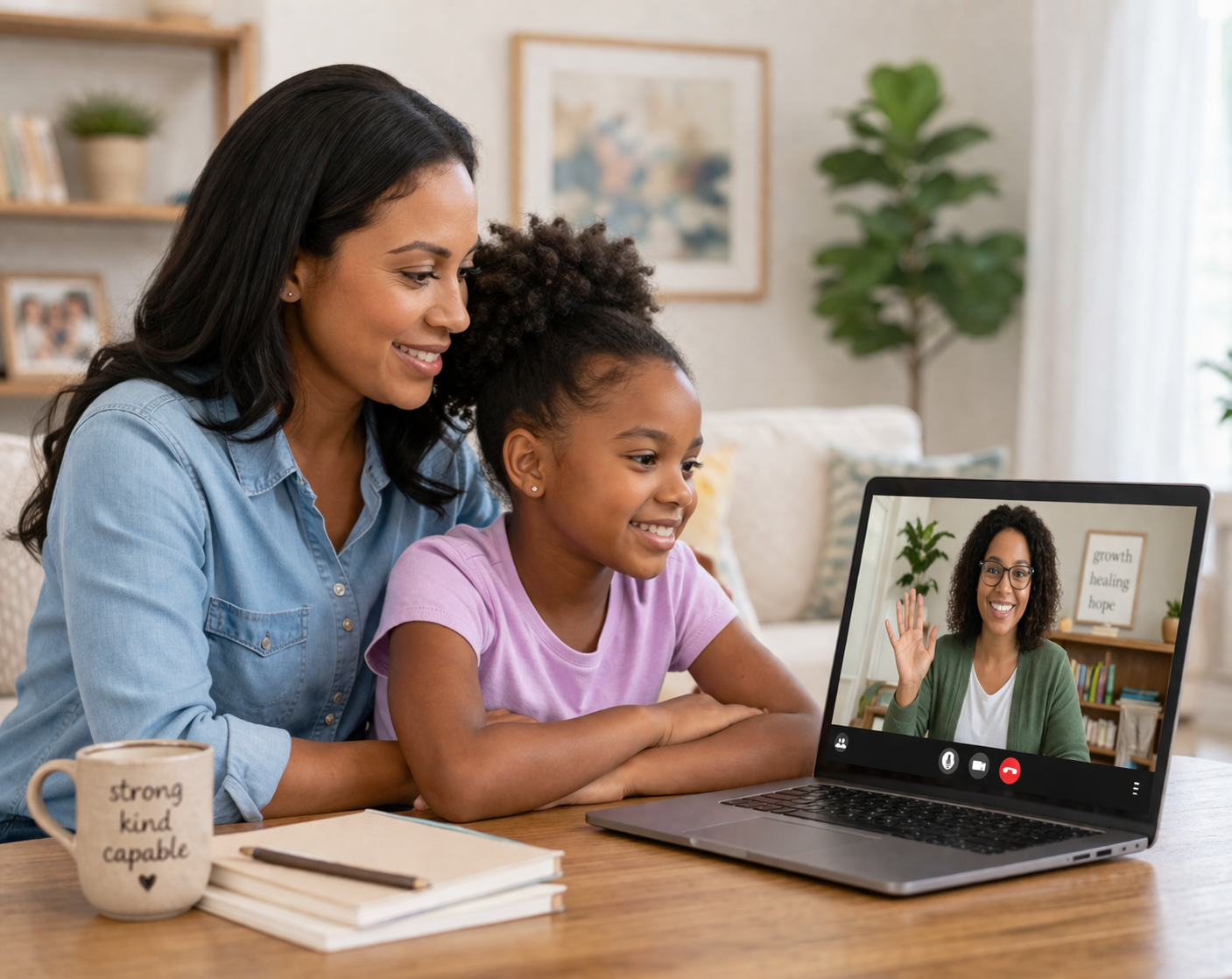 A person sits on a sofa with hands clasped, looking toward a professional taking notes during a consultation.
