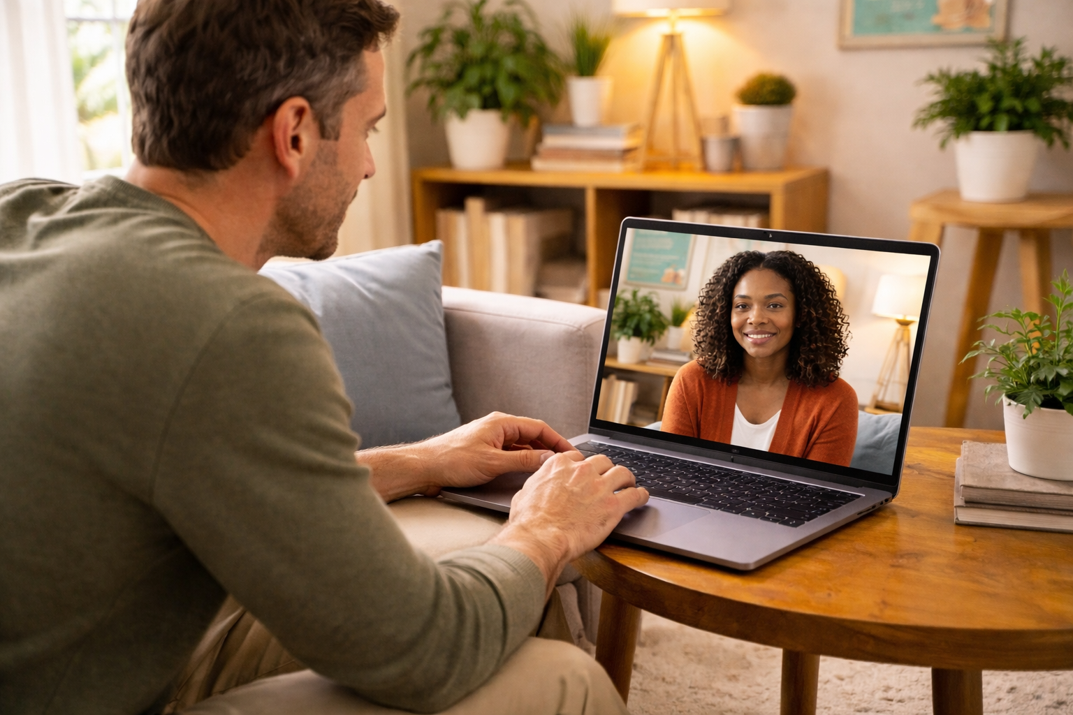 A person sits on a sofa with hands clasped, looking toward a professional taking notes during a consultation.