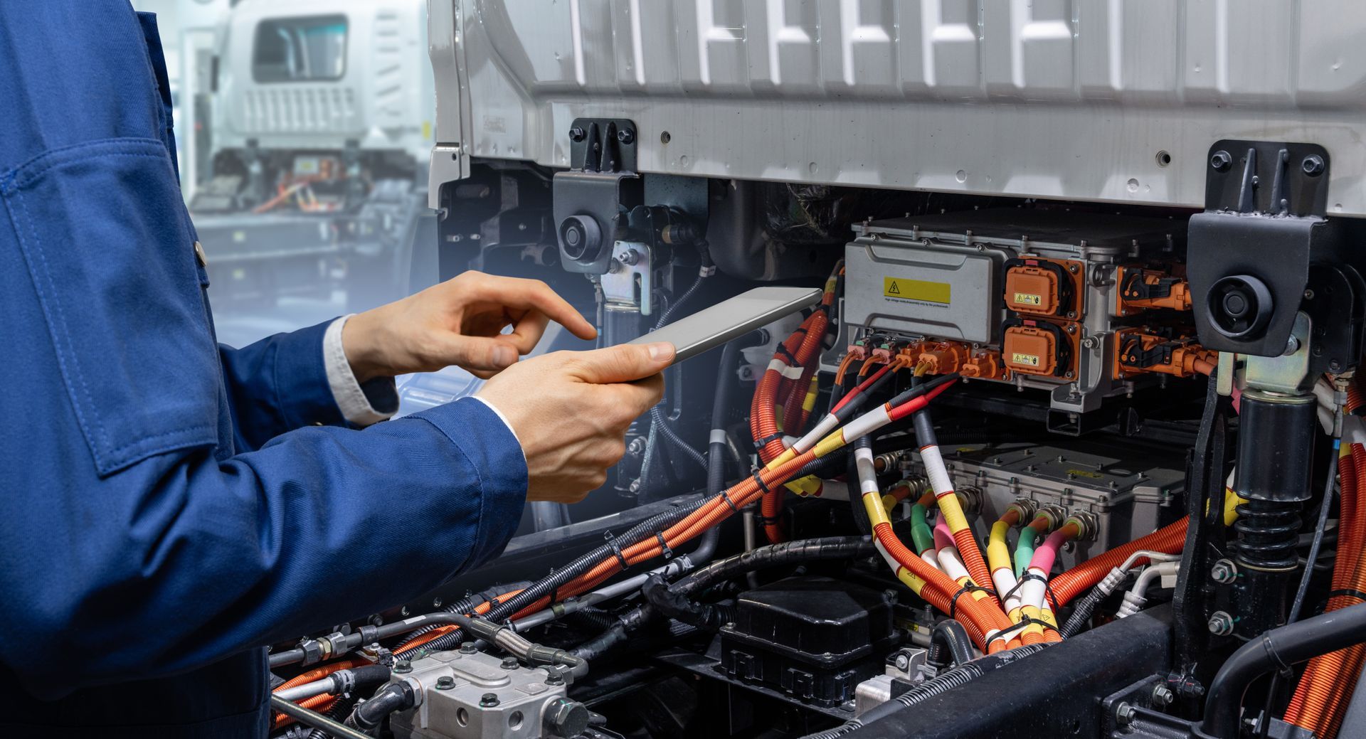 Mechanic in blue jumpsuit using tablet, inspecting truck wiring.