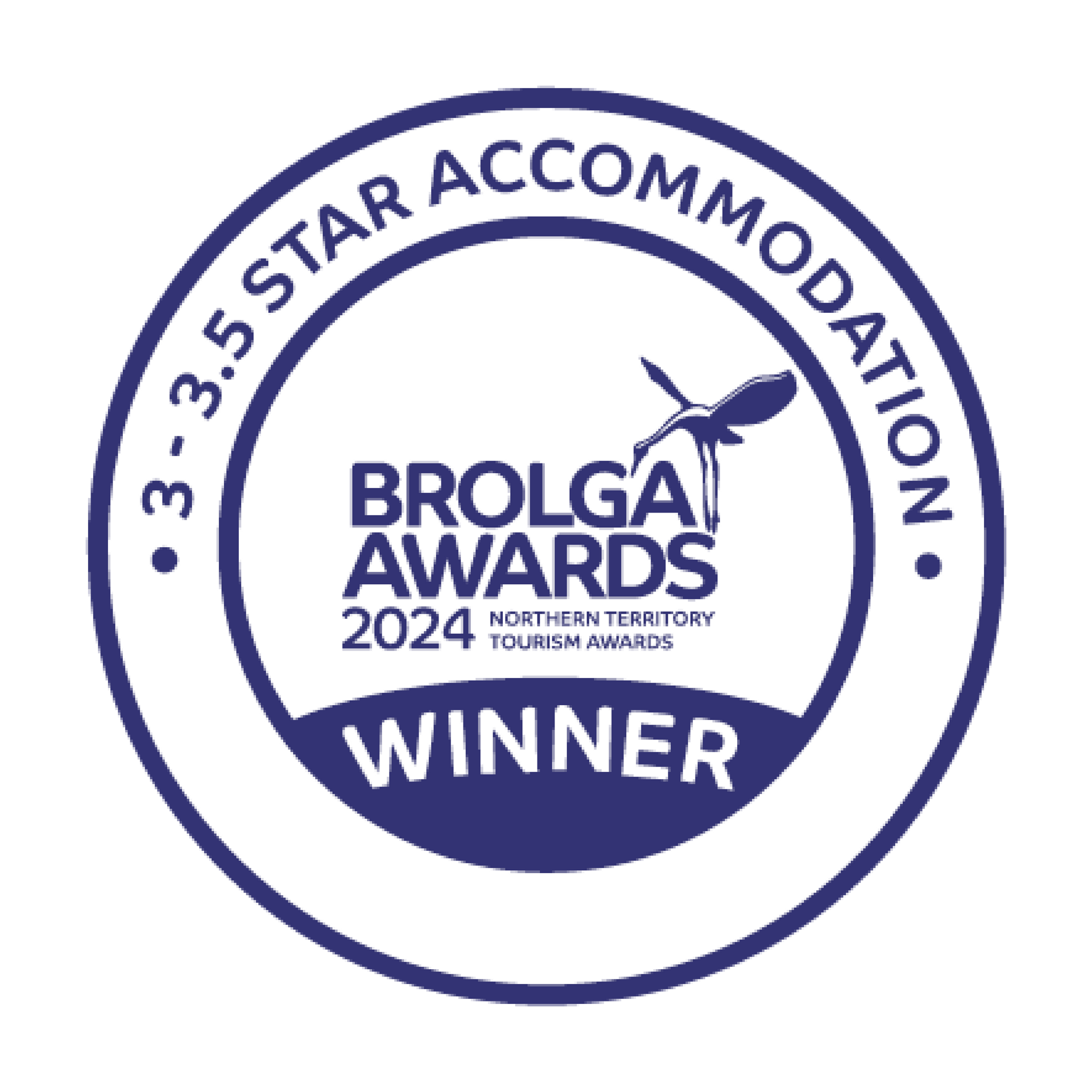 Brolga Awards 2024 winner seal. Blue and white with text