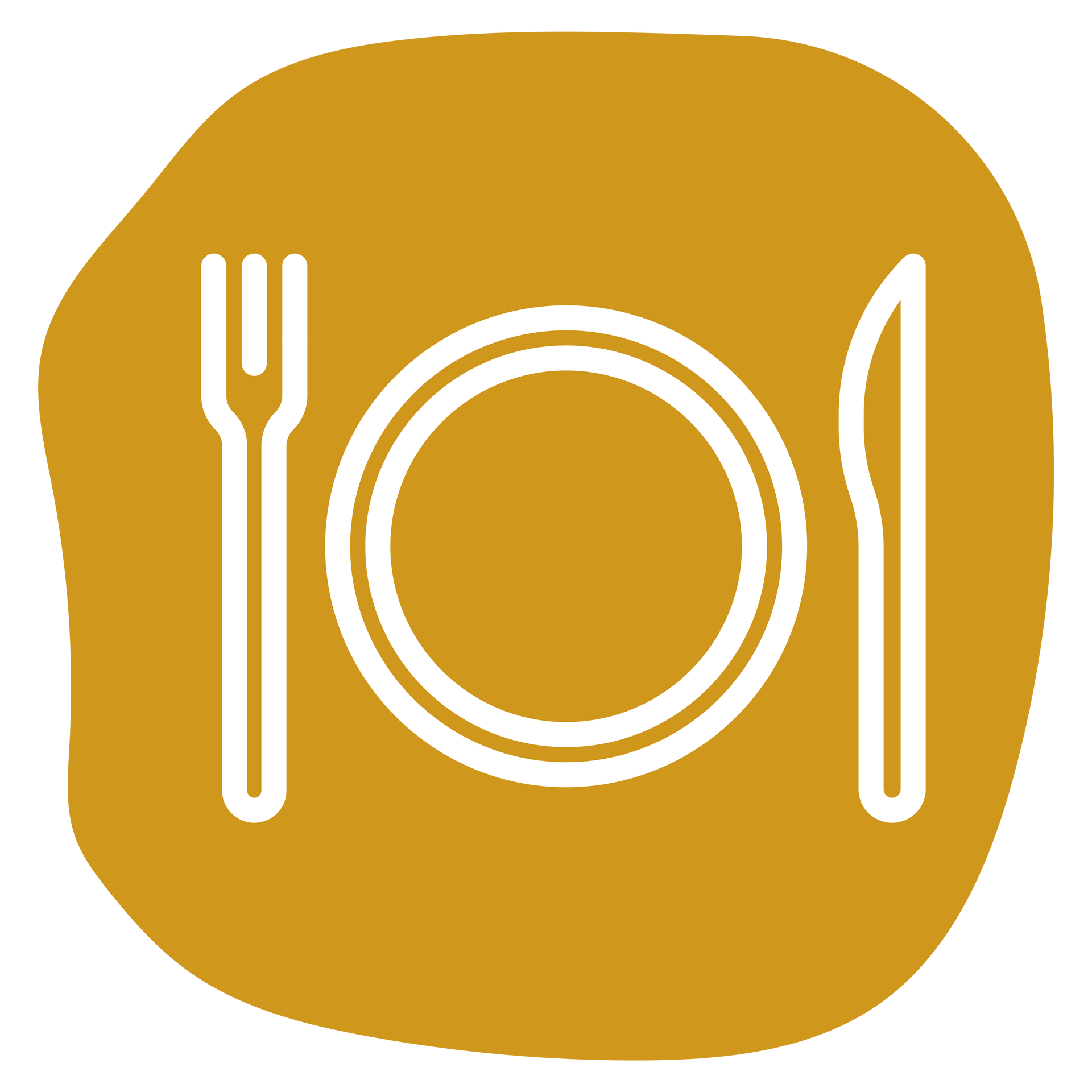 Fork, plate, and knife icon on a mustard-colored background.
